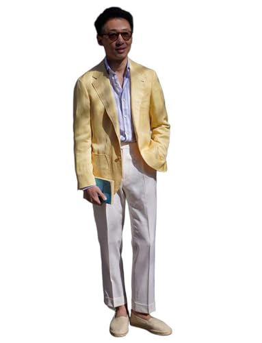Men's Linen Two Pieces Suit Single Breasted Button Jacket Pants for Business Casual
