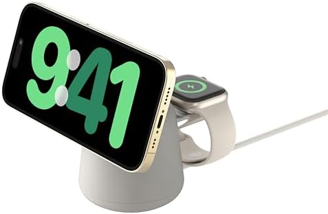 Belkin [Apple公認] 2 in 1 MagSafe充電器【Apple Store取扱製品】最大15W高速充電 ワイヤレス充電器 MagSafe公式認証 iPhone 16/15/14/13/12 Apple Watch 9/8/7/Ultra 高速充電対応 USB-Cケーブル付属(1.5m) AC電源アダプタの付属なし サンド WIZ020btH37