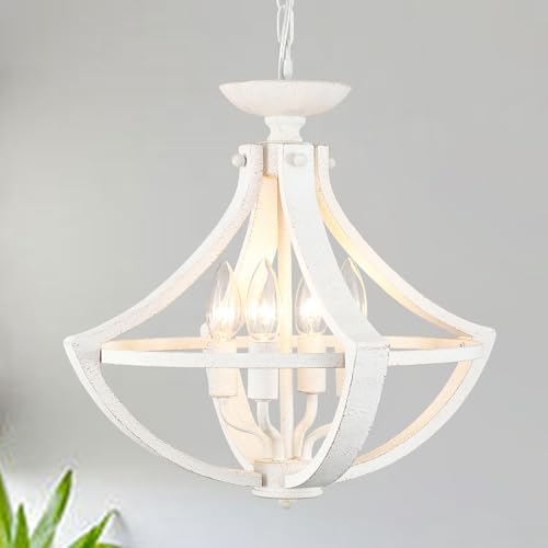 Mrhyswd D5055 4-Lights French Country Chandelier Farmhouse Chandelier Handmade Semi Flush Mount Ceiling Light Fixture Wood Chandelier Pendant Light White Chandeliers cover