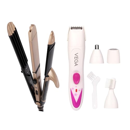 Image of VEGA 3 in 1 Hair Styler, Straightener, Curler & Crimper (VHSCC-01), Black & Feather Touch 4-In-1 Trimmer for Women, Suitable for trimming Eyebrows, Nose, Face & Bikini Area (VHBT-03)