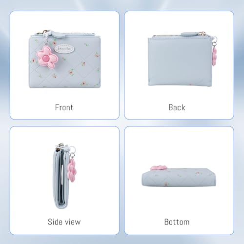Small Womens Wallet, Floral Cute Wallet Texture PU Leather Ladies Wallet Multi-Slot Credit Card Holder with ID Window Zipper Coin Pocket (Blue)3