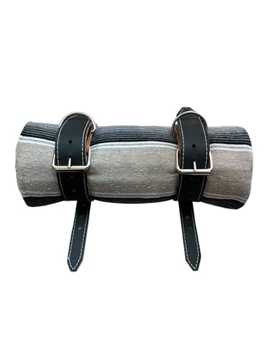 BLACK MOTORCYCLE BELT WITH BLANKET, BLANKET HOLDER, BIKER, MEXICAN,HAND MADE, REAL LEATHER, INCLUDES SARAPE, MOTORCYCLE, BIKE, BIKER, BEIGE MIX BLANKET
