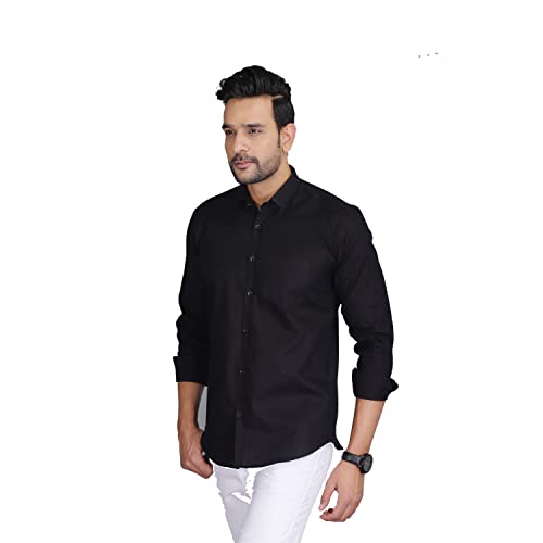 Image of Men's Solid Slim Fit Cotton Casual Shirt with Spread Collar & Full Sleeves