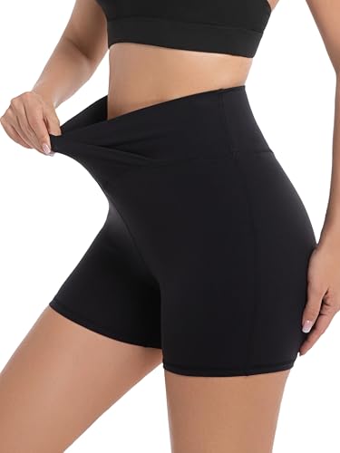 Womens Crossover Biker Shorts with Tummy Control V High Waisted Booty Criss Cross Shorts for Workout Yoga 4''3