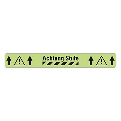 AnTina TAPES® Warnmarkierung Achtung Stufe als Sicherheitsmarkierung, stark selbstklebend, rutschsichere Anti-Rutsch Bodenmarkierung R10 (Achtung Stufe 75mm x 600mm, nach-leuchtend)