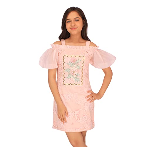 Image of Cutecumber Girls Organza Embroidered Cold Shoulder Shift Cream Dress.CC7065D-CREAM