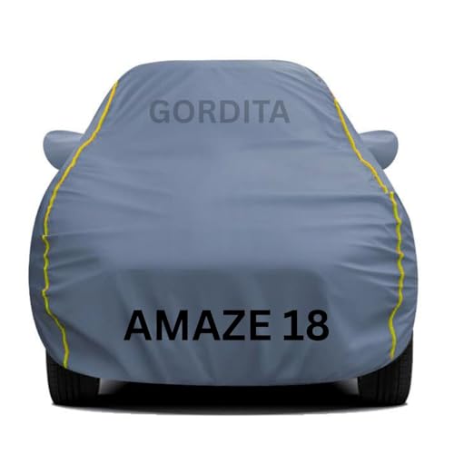 Image of Waterproof Car Body Cover for Amaze 18 All Weather Protection Comes with Inner Cotton Lining & Triple Stitched with Mirror & Antenna Pocket Belt & Elastic Fit Grey with Yellow Piping2