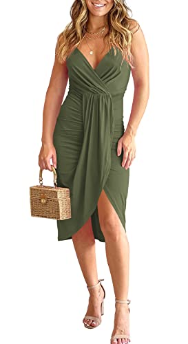 Peokia Women's Sexy V-Neck Sleeveless Slip Bodycon Dresses Ruched Adjustable Spaghetti Straps Backless Split Wrap Midi Dress Army Green L #TOP2
