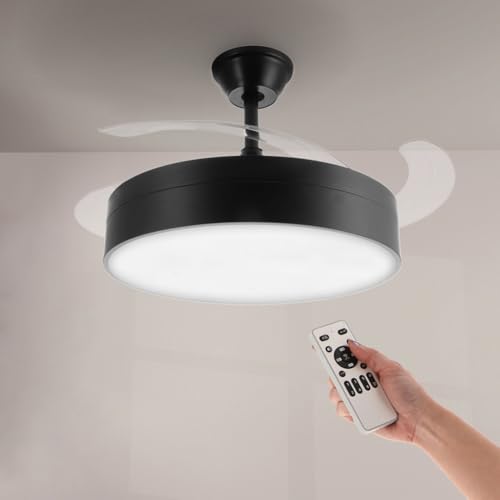 M mimotec - Ventilador de Techo con luz Led Messe 72W Negro, Control Remoto, 6 velocidades, Silencioso,4 Aspas retráctiles, función verano-invierno, temporizador, 3 tonalidades.