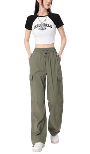 Atxnn Cargohose Damen Y2K Weites Bein Wanderhose Schnell Trocknend Hose Arbeitshose mit Multi Taschen Kordelzug Freizeithose, GRÜN L