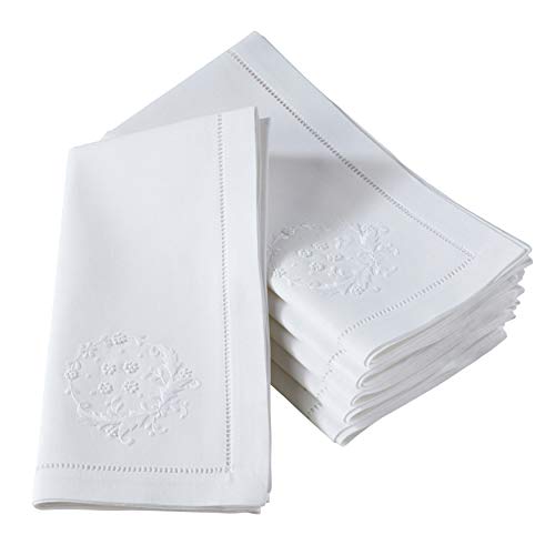 Handmade Small Flowers Embroidery Napkin with Hemstitched Border (Set of 6)