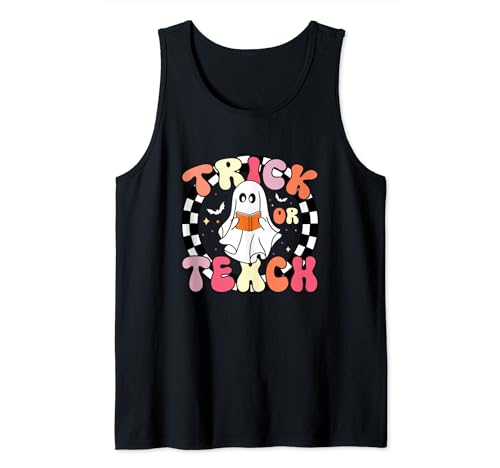 Trick or Teach, el fantasma floral retro de Halloween, profesor Groovy Camiseta sin Mangas