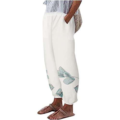 Barogt Womens Summer Pants Floral Print Elastic Waist Casual Trousers with Pocket Ladies Comfy Yoga Workout Trousers for Daily