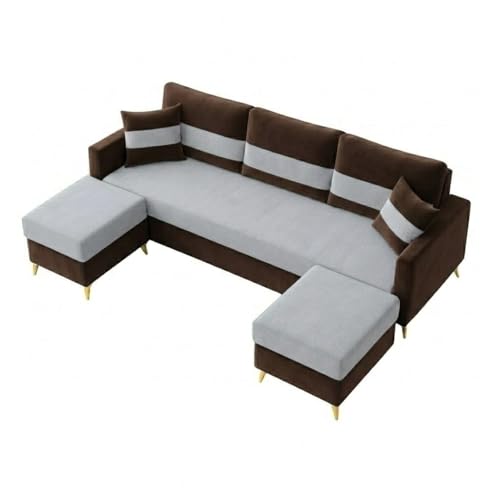 Image of SOCOZI Bastian 5 Seater L Shape Sofa Set with 2 Movable Ottomans | Flexible Layout| Soft Velvet Suede Fabric|Modern Sofa with Golden Legs|Comfort Cushions for Living Room (Dark Brown-Light Grey)