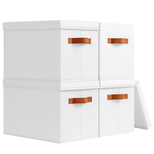 Image of Homsorout Foldable Storage Boxes with Lids - Wardrobe Organiser Bin with Handle Fabric Basket Containers for Clothes, Book, Shelf, Office, Large x4-22L, White