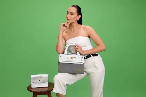 Image of Hashtag Lifestyle Women's Luxury Metallic Top Handle Handbag 2-Piece Set | Silver Grey Textured Satchel with Matching Envelope Wallet | 120 cm Adjustable Shoulder Strap | Office Travel