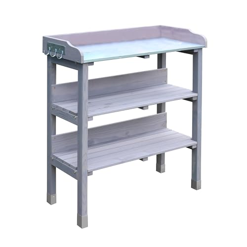 Garden Gear 3-Tier Wooden Potting Table with Galvanised Steel Worktop Outdoor Gardening Work Station with Galvanised Foot Pads 92cm Height Garden Gear 3-Tier Wooden Potting Table with Galvanised Steel Worktop Outdoor Gardening Work Station with Galvanised Foot Pads 92cm Height