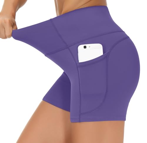 Image of THE GYM PEOPLE High Waist Yoga Shorts for Women's Tummy Control Fitness Athletic Workout Running Shorts with Deep Pockets