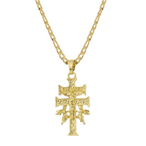 14K White Gold Plated Holy Jesus Crucifix Cross Religious Cruz De Caravaca Double Cross with Angels Pendant Necklace for Women Men (gold-small chain length: 18+2)