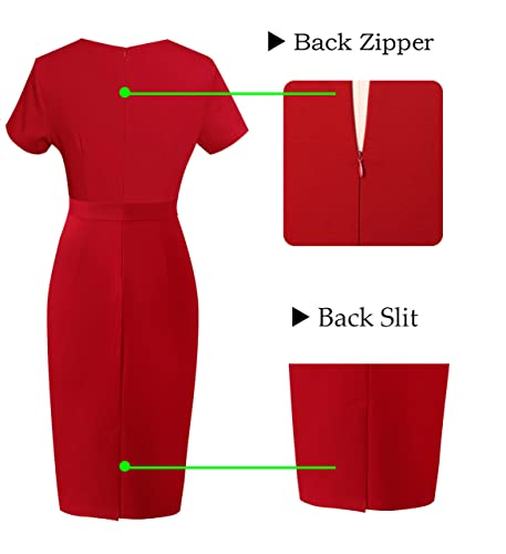 Vfshow Womens Red Elegant Pockets Belted Pleated Work Business Office Casual Bodycon Pencil Sheath Dress 9639 Red Xl #TOP4