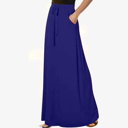 Womens Maxi Skirt Elastic Basic Solid Tie Dye Foldable High Waisted Midi Length Plus Size A-Line Skirts with Pockets(Dark Blue,X-Large)3