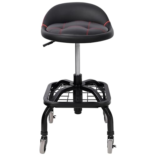 Image of PU Leather Rolling Mechanic Stool, Adjustable Height, Padded Seat with Backrest, with Wheels and Storage Basket, for Garage, Workshop, Home