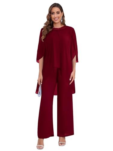 BANTRATIC 2 Pieces Mother of The Bride Pantsuits for Wedding Half Sleeve Chiffon Formal Evening Prom Cocktail Pant Outfit