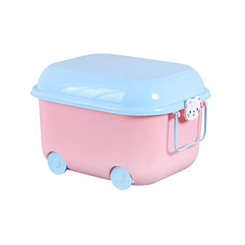Image of Baby Bucket Multipurpose Storage Box with Wheels | Children's Toy Storage Box | Pulley Plastic Case Storage Container-(49 x 38 x 30.8 cm)-[Pink-Cat]