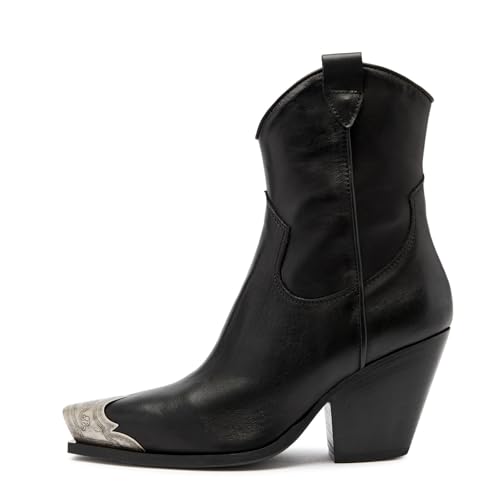 keleimusi Women's Western Cowgirl Ankle Boots Stacked Block Heel Cowboy Booties Steel Toe Heeled Short Cowboy Boots Side Zipper Western Booties for Women