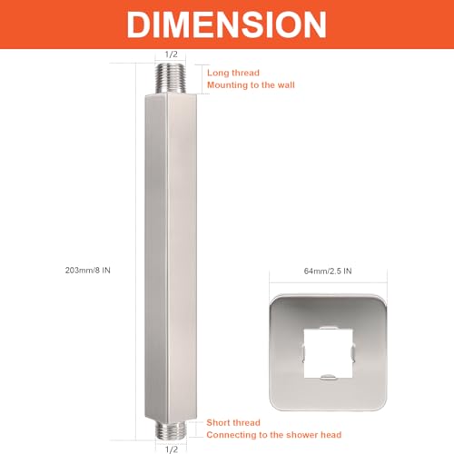 Image of Ceiling Mounted Shower Arm, Rain Shower Square Extension Arm with Flange and Teflon Tape Stainless Steel Ceiling Mount Shower Extender (8 Inch, Brushed Nickel)