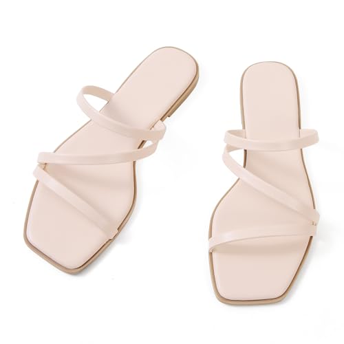 Image of LACUONE Strappy Flat Sandals For Women Slip On Square Open Toe Slides Sandals