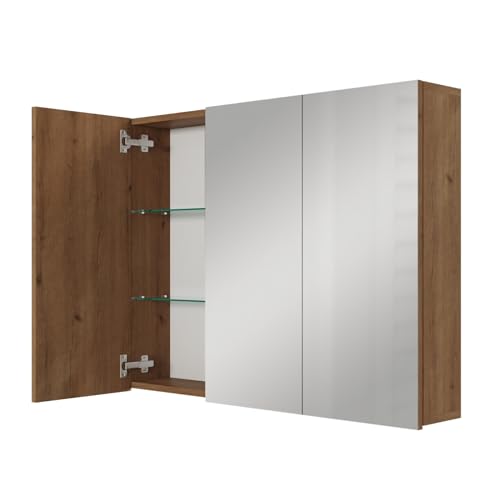 Planetmöbel ARIA Armadietto a specchio da bagno, larghezza 90 cm, con specchio, rovere dorato, senza lampada e presa, armadietto a specchio, 90 x 70 x 16 cm