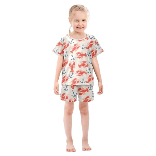 ALAZA Red Lobster Anchor Pajamas Set Short Sleeve Cotton Sleepwear Summer Pjs 2 Piece 5-14Y3