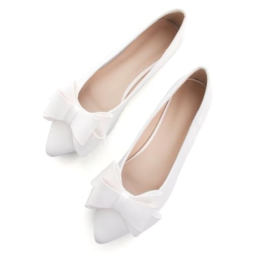 TN TANGNEST Women Fashion Bowknot Flats Comfort Pointed Toe Dress Shoes White 40(8.5)