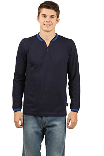 Image of Zebu Men's Full Sleeve Cotton Henley Neck Tshirt with bio wash (Pack of 1). Navy