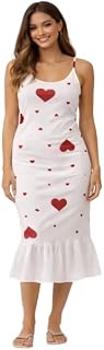 VSNAZ Women’s Heart Print Nightdress | Sleeveless Spaghetti Strap Midi Nightwear with Ruffle Hem | Soft Comfortable Sleepw... Price In India