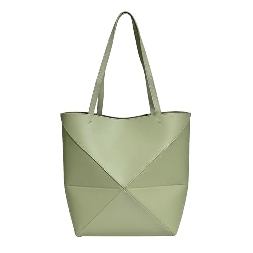 Genuine Leather Tote Bag for Women,Foldable Geometric Work Handbag,Puzzle Large Capacity Bags for Commuting (Mint Green)