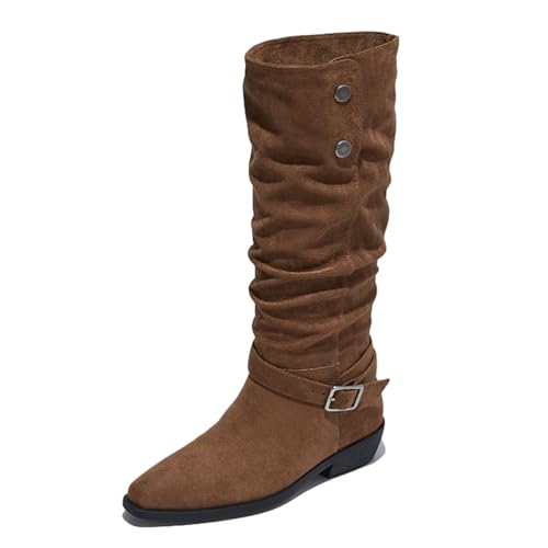 sekiueo Botas Altas hasta La Rodilla con Punta Puntiaguda Mujer Tacón De Bloque Sin Cordones De Gamuza Estilo Vaquero con Hebilla para Invierno Informales,Marrón,37 EU