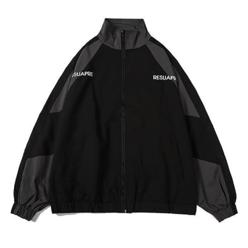 Pbkabiug Vintage Women Jackets Hip Hop Style Patchwork Windbreak Unisex Streetwear Lightweight Jackets Bomber Jackets (Black,M,Medium)