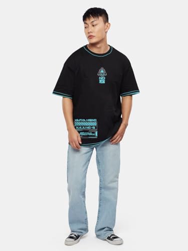 Image of crazymonk Men's Cotton Printed Kaiju No.8 Oversized Black T-Shirt