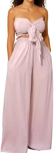 WXN Womens Two Piece Outfits Tie Front Bandeau Crop Top and Wide ...