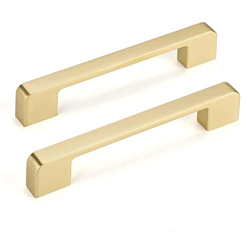 LONTAN 5 Pack Gold Kitchen Handles 128mm Hole Centers Gold Handles for Cupboards Zinc Alloy Square Drawer Pulls Cabinet Hardware