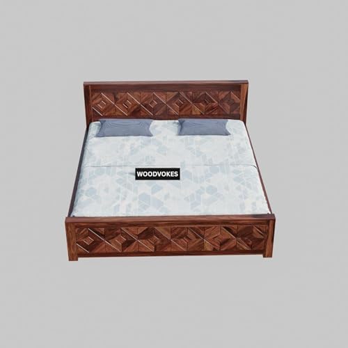 Image of Sheesham Wood Queen Size Bed Without Storage Solid Wooden Bed Furniture Elegant and Functional Bedroom Living Room Home Palang