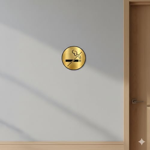 Image of Premium 5.8 Inch Golden No Smoking Sign Board | Brushed Gold Acrylic Round Signage with Self-Adhesive Tape | Professional Warning Plate for Office, Hotel, Cafe, Hospital, School & Business