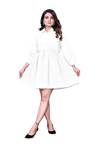 Image of Women's Cotton Self Design Chicken Work Midi Dress for Women | One Piece Dress for Women