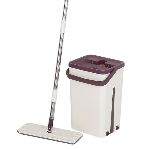 Bodenwischer Komplett Set & Flachmopp und Eimer Set, Bodenwischer mit Eimer, Wischmopp Set (A-Kaffeefarbe-S)