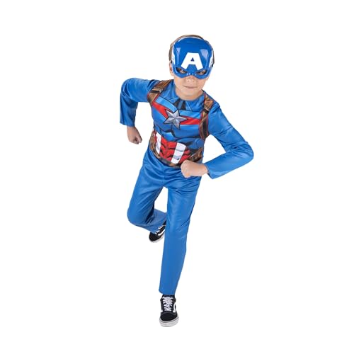 Marvel Captain America Official Youth Costume - Premium Fabric Jumpsuit with Printed Design and Plastic Half Mask