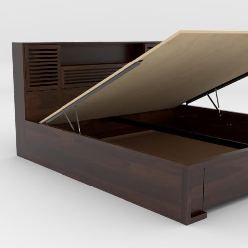 Image of Kunjal Furniture Solid Sheesham Wood Bed with Headboard & Box Storage - Handcrafted Wooden Bed for Bedroom - Ideal for Home (Flyding Walnut, King Size)