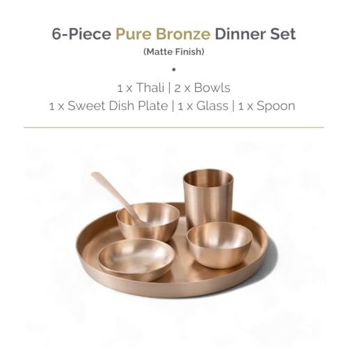 Image of Indian Dining Collection Bronze Dinner Set for Traditional Meals | Handcrafted Kansa Thali Set with Bowls, Glass (Matte Finish | 6-Piece (Serves 1))