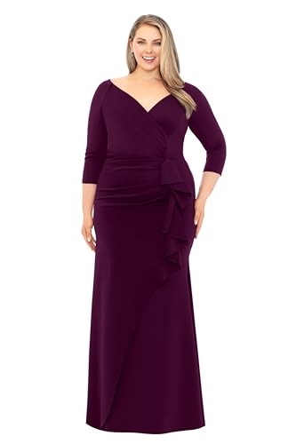Image of Xscape Women's Floor Length V-Neck Bodycon Evening Gown with 3 /4 Sleeves, Rushing, & Ruffle Detail, Plum, 20W, Plus Size